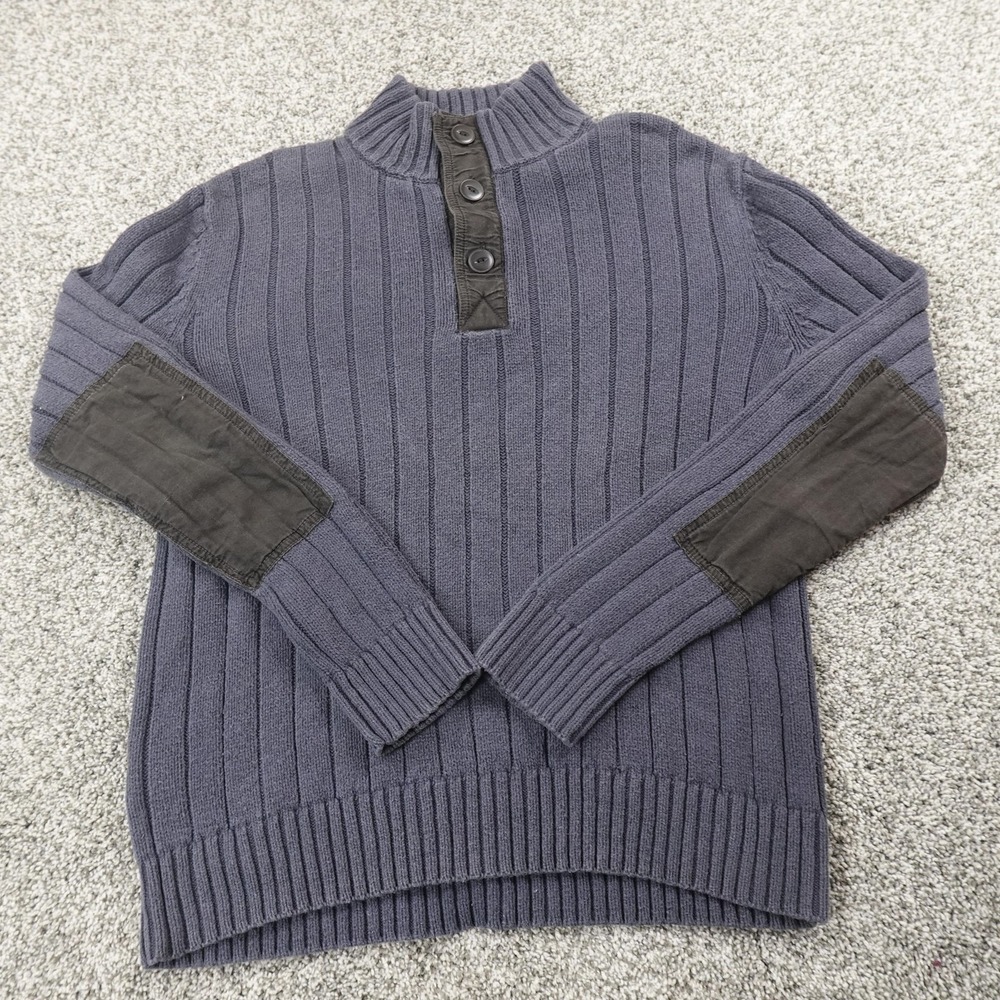 Eddie Bauer Sweater Mens M Gray Heavy Ribbed Knit Henley Pullover Elbow Patches